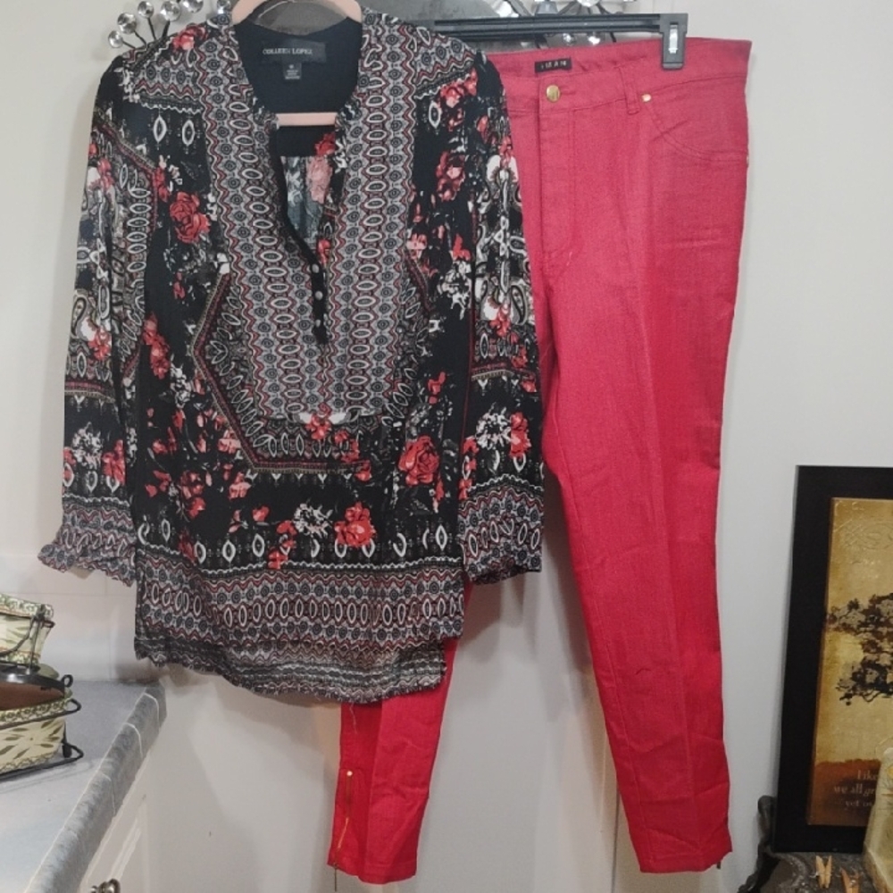 Floral Black and Red Blouse with Red Pants Sold As A Set